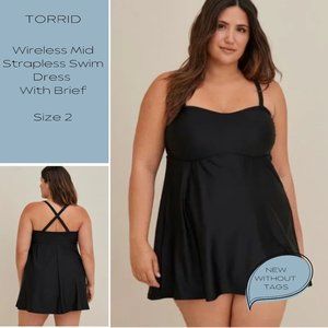 Wireless Mid Strapless Swim Dress With Brief - Size 2
